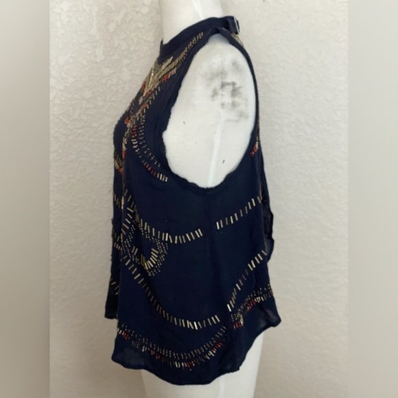 Free People Navy Blue Sleeveless Gauze Top with Beadwork and Open Back - Picture 5 of 8